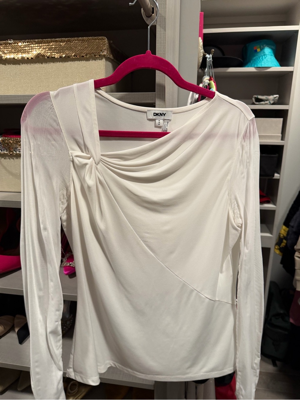 DKNY Cream Draped Asymmetrical Long Sleeve Top